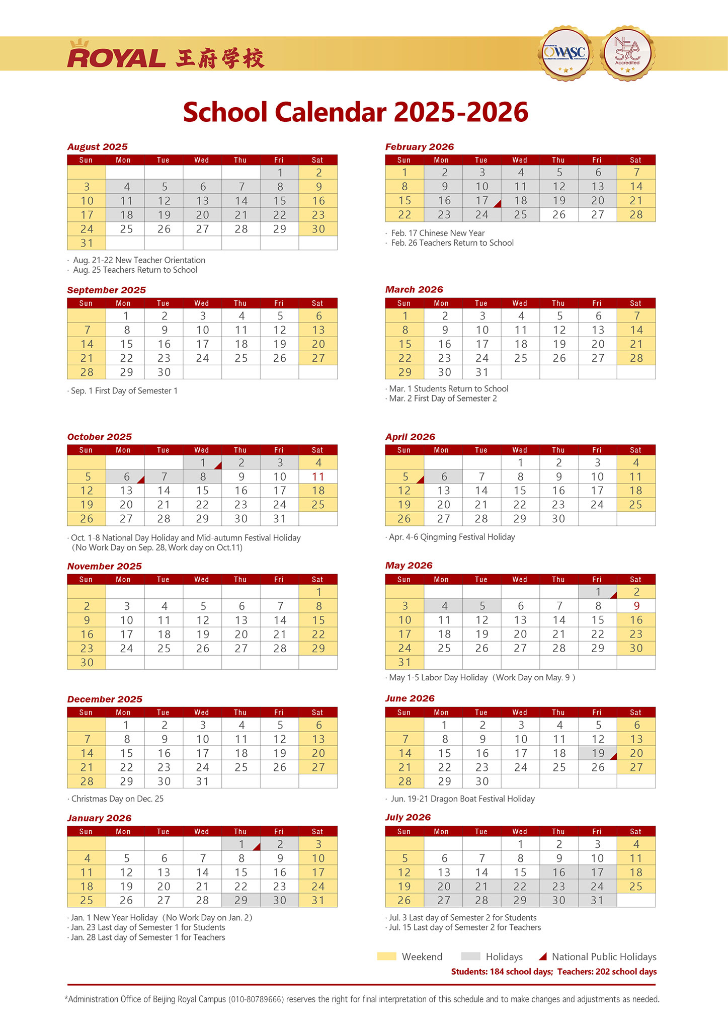 Beijing Royal School Calendar 2025-2026